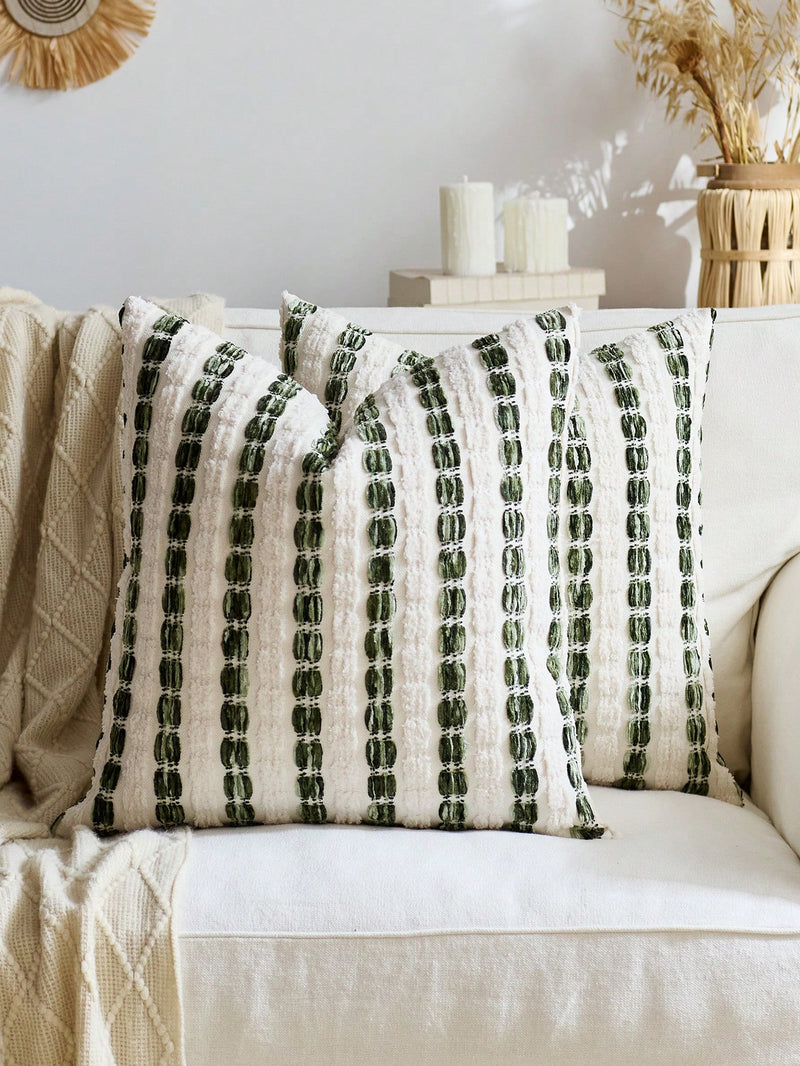 1 peça/2 peças Capa de Almofada Listrada 3D Grossa Verde Oliva (Inserto Não Incluído), Capa de Almofada de Chenille Boêmia e Fazenda, Fronha de Almofada em Cor Neutra, Adequada para Sofá, Cama, Quarto, Sala de Jantar, Festa, Decoração, Todas as Estações