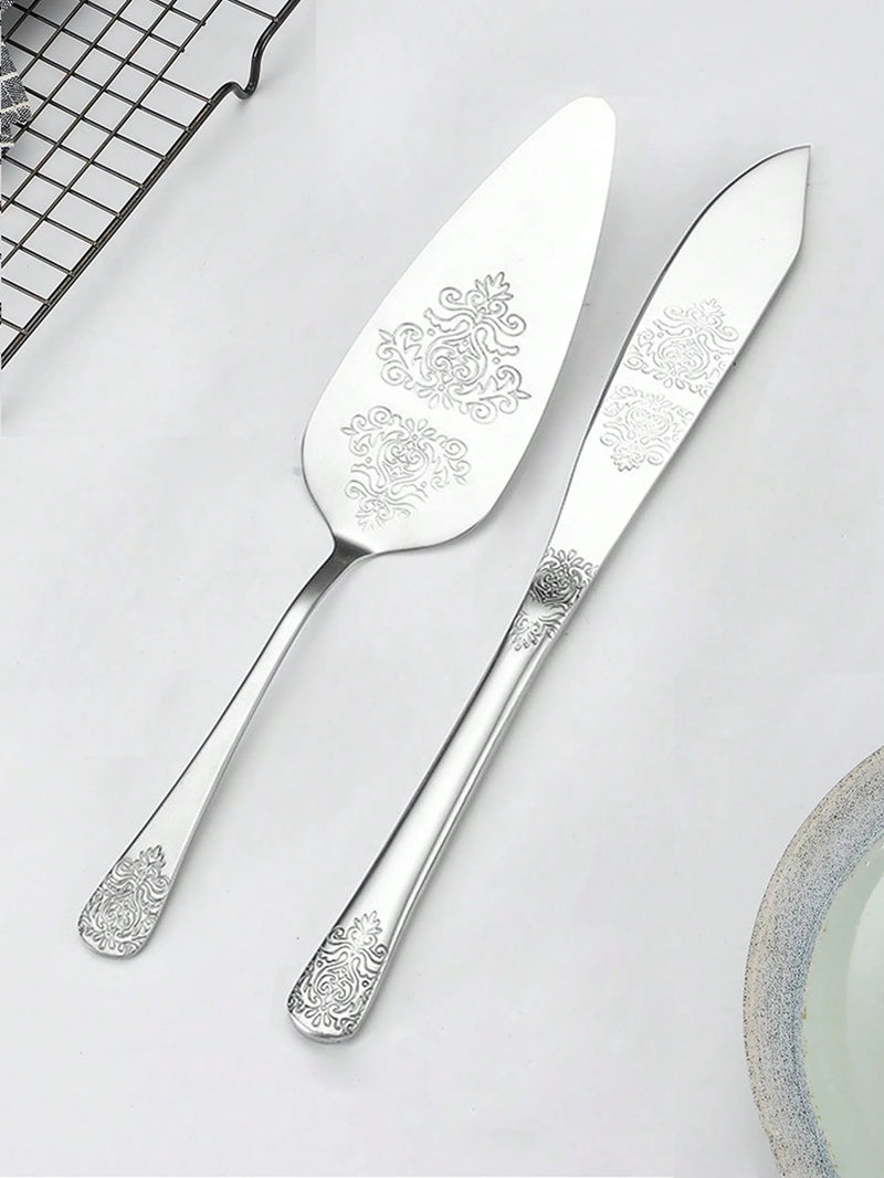2 Peças Conjunto de Faca de Bolo e Espátula em Aço Inoxidável com Estampa Floral, Adequado para Bolos de Casamento e Aniversário, Faca de Pão, Pá de Pizza, Materiais Escolares