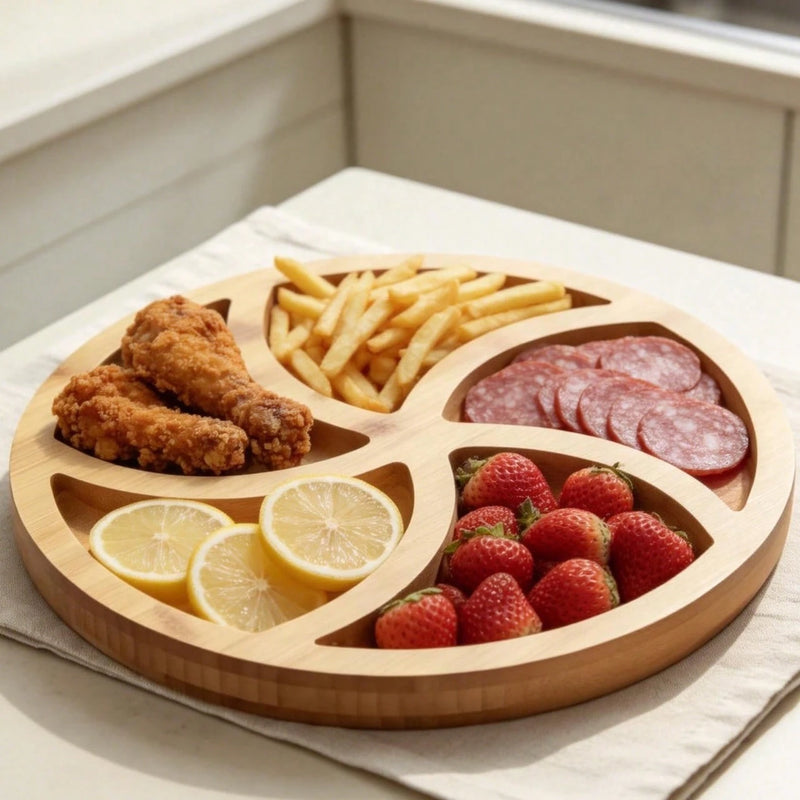 Vendedor IndicadoBandeja Petisqueira de Bambu Redonda 25cm com 5 Divisórias Perfeita para Servir Frios, Petiscos e Frutas