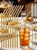 Gaazky 8 Peças Canudo de Aço Inoxidável e 2 Peças Escova de Limpeza, Canudo Curvo Dourado Reutilizável para Beber, Cozinha, Presente de Natal, Material Escolar