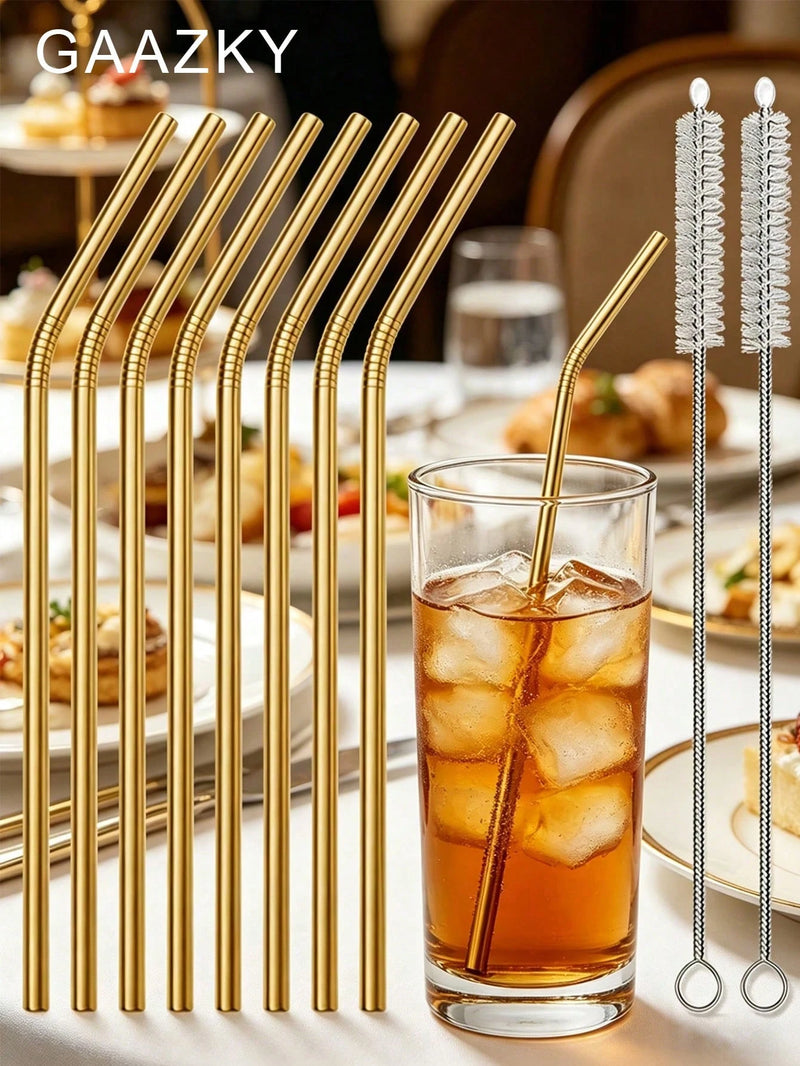 Gaazky 8 Peças Canudo de Aço Inoxidável e 2 Peças Escova de Limpeza, Canudo Curvo Dourado Reutilizável para Beber, Cozinha, Presente de Natal, Material Escolar