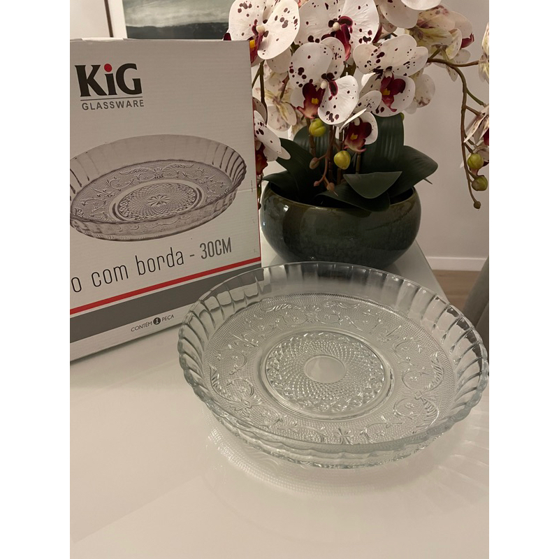 Prato de Vidro p/ Bolo/Pudim/Torta c/ Borda Retro 30x6cm - O MELHOR PREÇO ESTÁ AQUI! PM3000