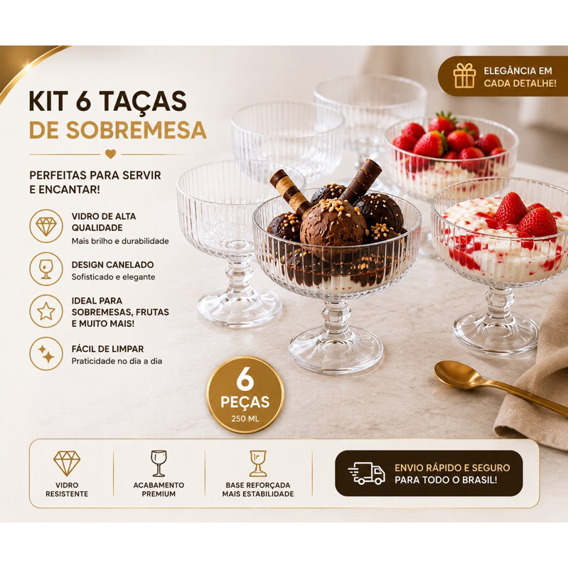 Kit 6 Taças De Sobremesa Vidro Canelado 250ml Trasparente Elegante Reforçado Sorvete Mousse Açai