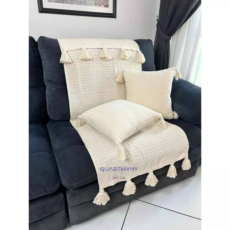 Kit Pompom Peseira Completo Para Cama Sofá ( Peseira + Capa De Almofada ) Decorativa Moderno