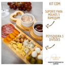 Petisqueira de Madeira Kit Petisqueira para Molhos com Trio de Ramequin de Porcelana Branca